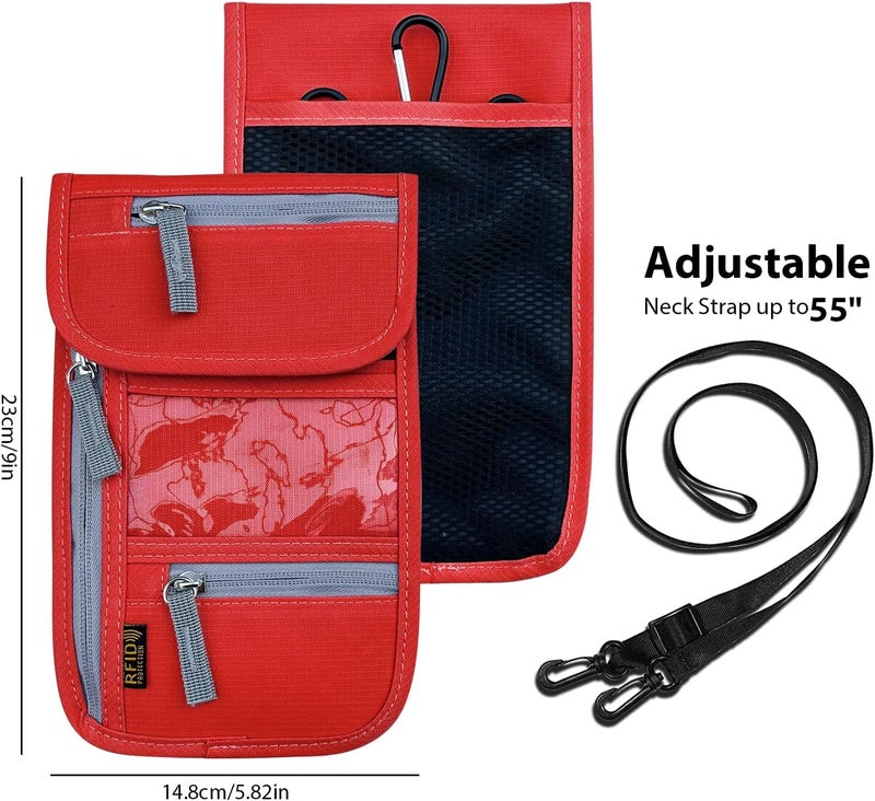 Jonyee Travel Neck Wallet, RFID Blocking Passport Holder with Adjustable Neck Strap for Men and Women to Keep Cash, Credit Cards and Travel Documents Safe - Red - Image 2